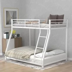 White Twin Over Full Metal Floor Bunk Bed by GODEER