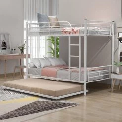 White Twin over Twin Metal Bunk Bed with Trundle, Can be Divided into Two Beds by GODEER