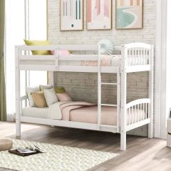 White Twin Over Twin Bunk Bed with Ladder by GODEER