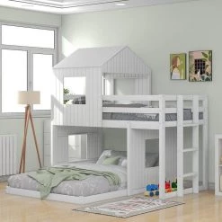 White Wooden Twin Over Full Bunk Bed, Loft Bed with Playhouse, Farmhouse, Ladder and Guardrails by GODEER