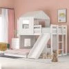 White Wooden Twin Over Full Bunk Bed, Loft Bed with Playhouse, Farmhouse, Ladder, Slide and Guardrails by GODEER