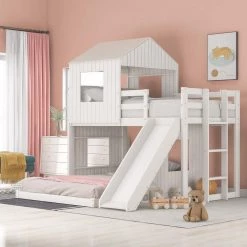 White Wooden Twin Over Full Bunk Bed, Loft Bed with Playhouse, Farmhouse, Ladder, Slide and Guardrails by GODEER