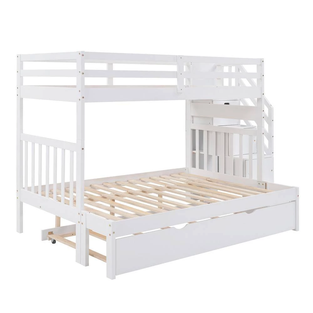 White Twin Over Twin/Full Bunk Bed with Twin Size Trundle by GODEER - Image 2