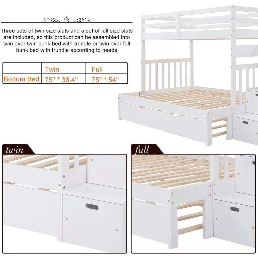 White Twin Over Twin/Full Bunk Bed with Twin Size Trundle by GODEER - Image 9