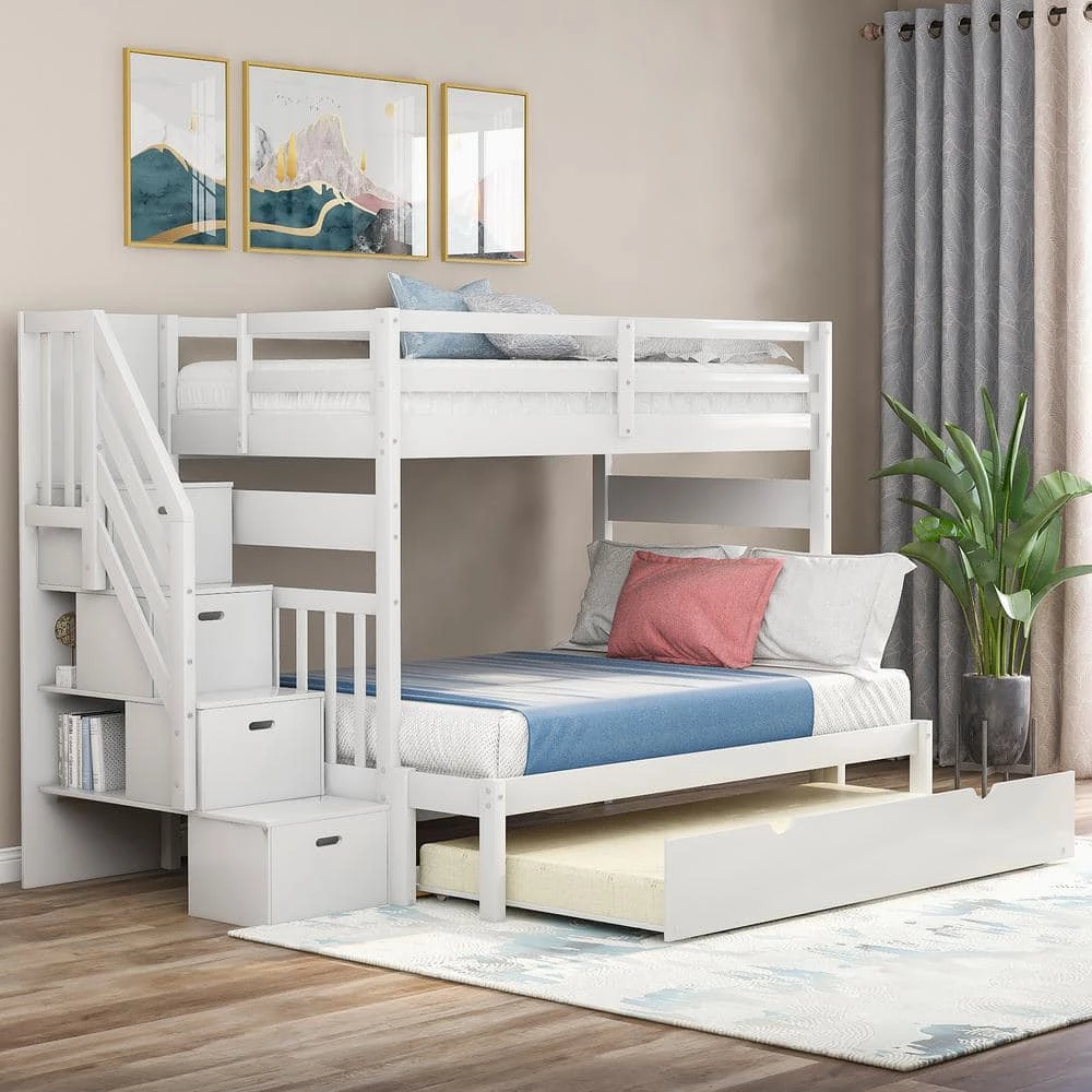 White Twin Over Twin/Full Bunk Bed with Twin Size Trundle by GODEER