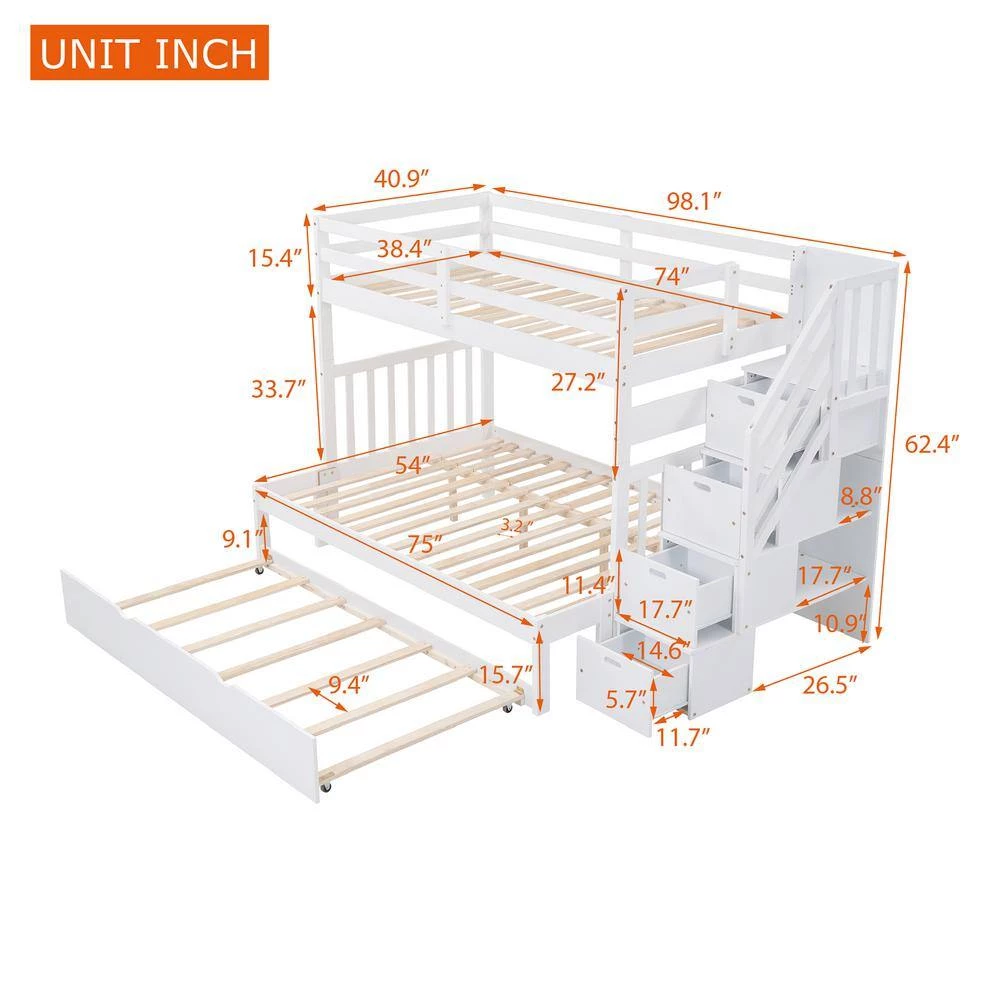 White Twin Over Twin/Full Bunk Bed with Twin Size Trundle by GODEER - Image 4