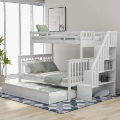 White Stairway Twin Over Full Bunk Bed with Twin Size Trundle Storage and Guard Rail for Bedroom by GODEER