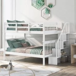 White Stairway Full Over Full Bunk Bed with Storage and Guard Rail for Bedroom, Dorm by GODEER
