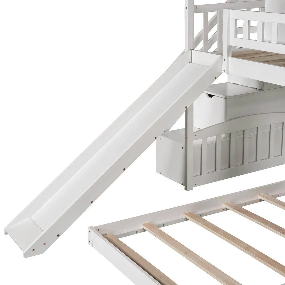 White Twin over Twin Bunk Bed with Two Drawers and Slide, House Bed with Slide by GODEER - Image 9