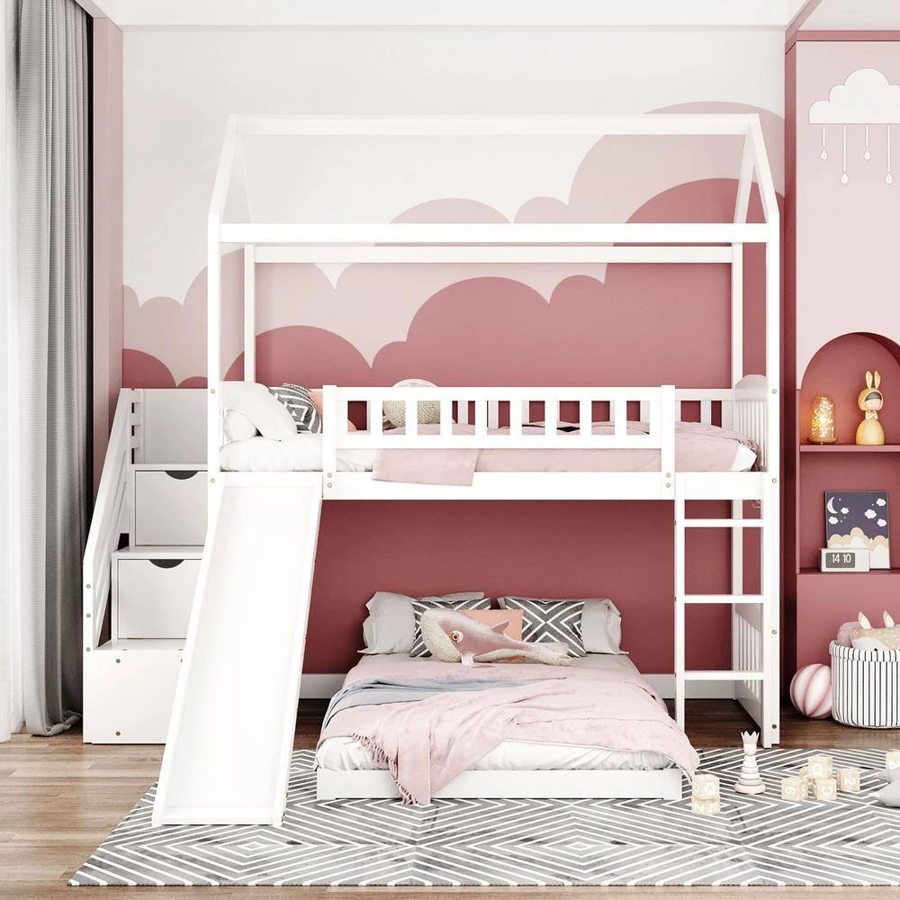 White Twin over Twin Bunk Bed with Two Drawers and Slide, House Bed with Slide by GODEER - Image 13