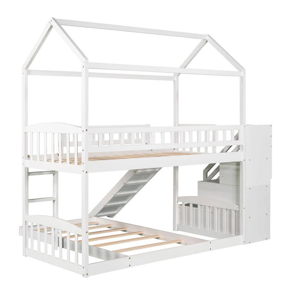 White Twin over Twin Bunk Bed with Two Drawers and Slide, House Bed with Slide by GODEER - Image 3