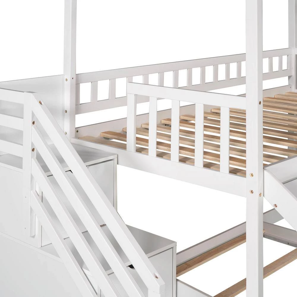 White Twin over Twin Bunk Bed with Two Drawers and Slide, House Bed with Slide by GODEER - Image 10