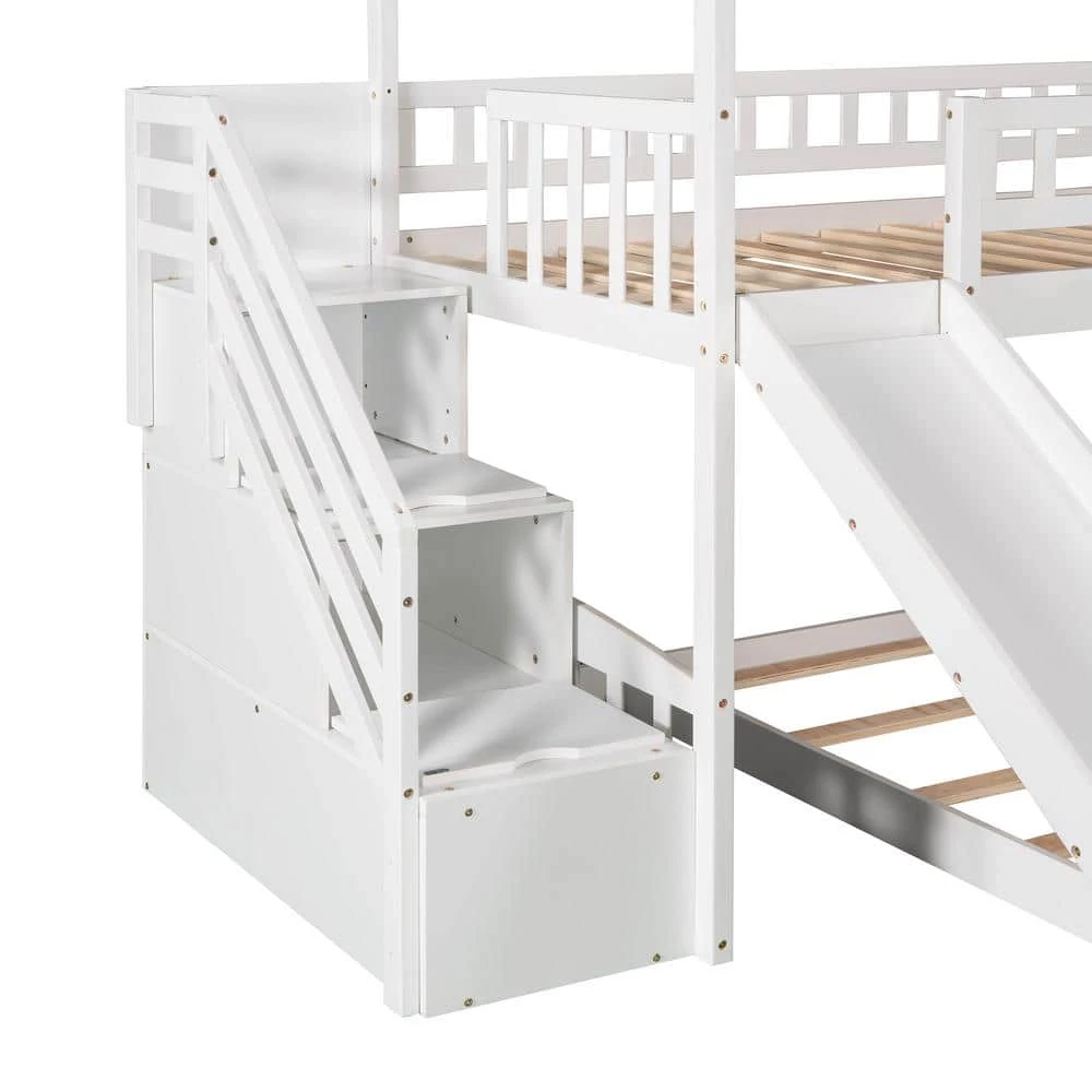 White Twin over Twin Bunk Bed with Two Drawers and Slide, House Bed with Slide by GODEER - Image 8