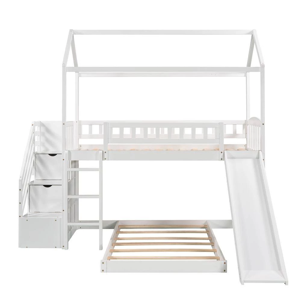 White Twin over Twin Bunk Bed with Two Drawers and Slide, House Bed with Slide by GODEER - Image 6