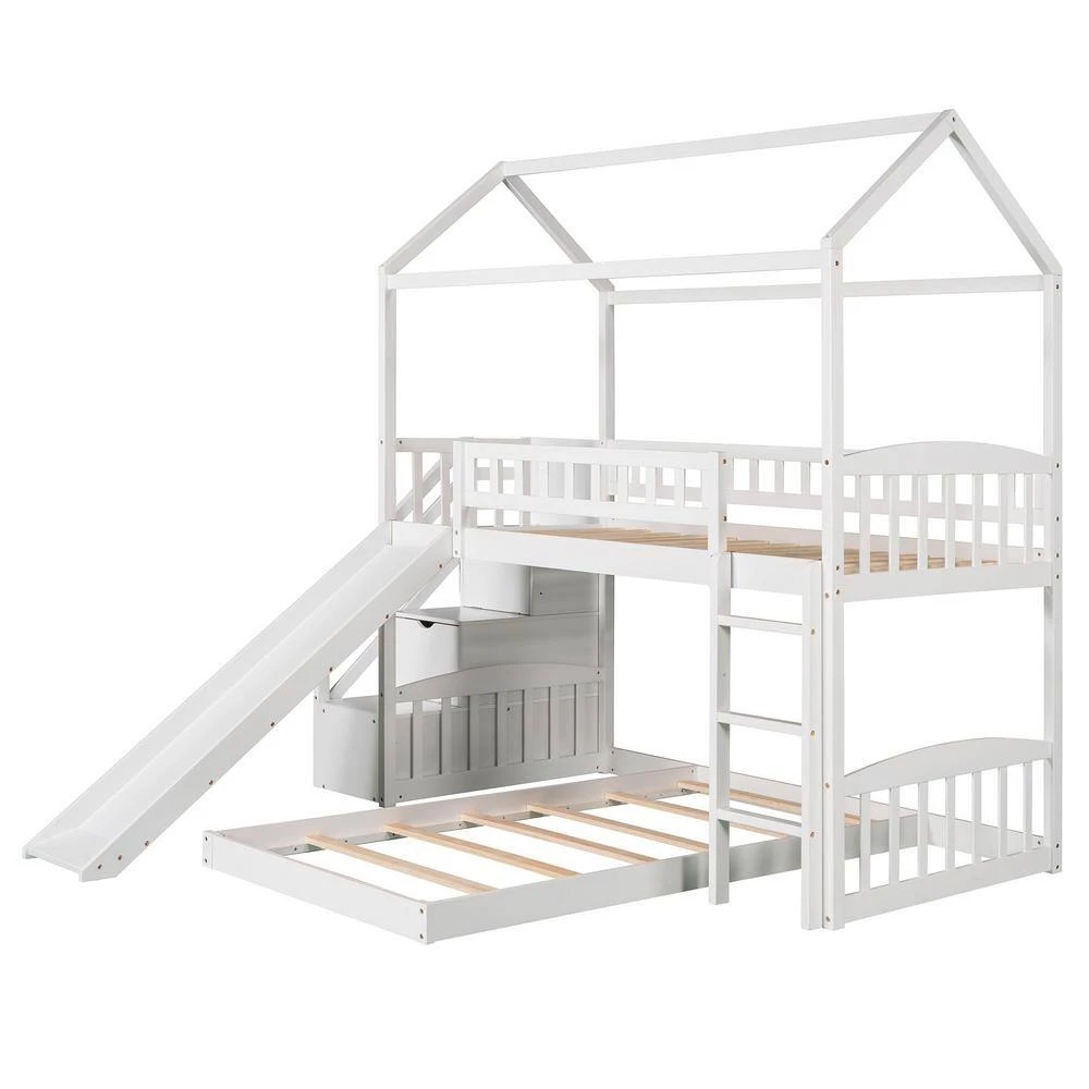 White Twin over Twin Bunk Bed with Two Drawers and Slide, House Bed with Slide by GODEER - Image 4