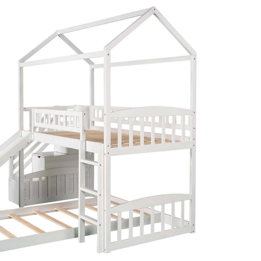 White Twin over Twin Bunk Bed with Two Drawers and Slide, House Bed with Slide by GODEER - Image 7