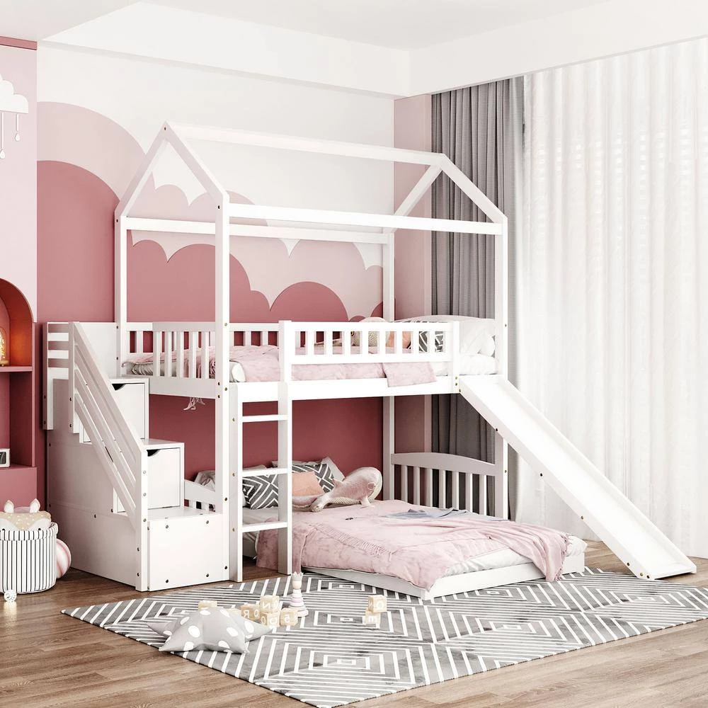 White Twin over Twin Bunk Bed with Two Drawers and Slide, House Bed with Slide by GODEER - Image 2