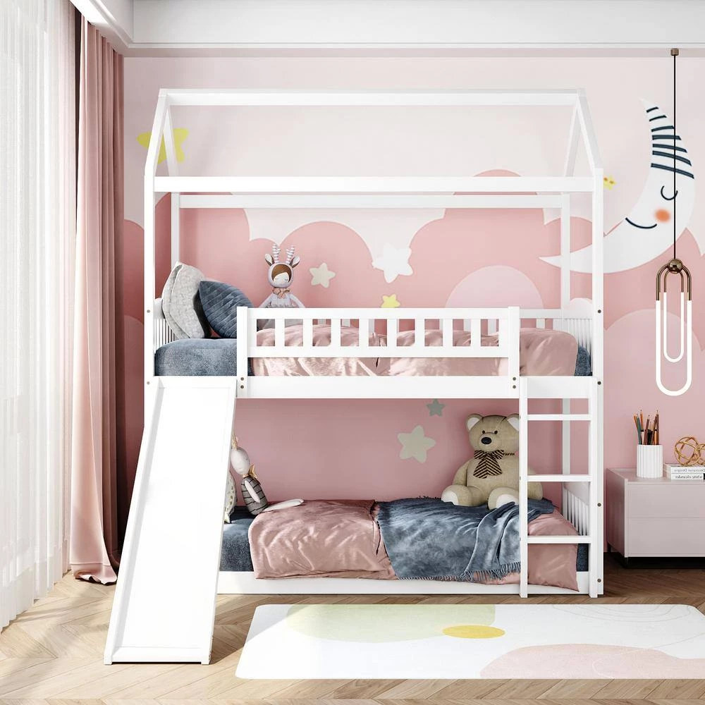 White Twin Over Twin Bunk Bed with Slide, House Bed with Slide by GODEER - Image 9