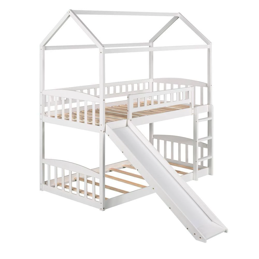 White Twin Over Twin Bunk Bed with Slide, House Bed with Slide by GODEER - Image 2