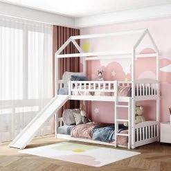 White Twin Over Twin Bunk Bed with Slide, House Bed with Slide by GODEER