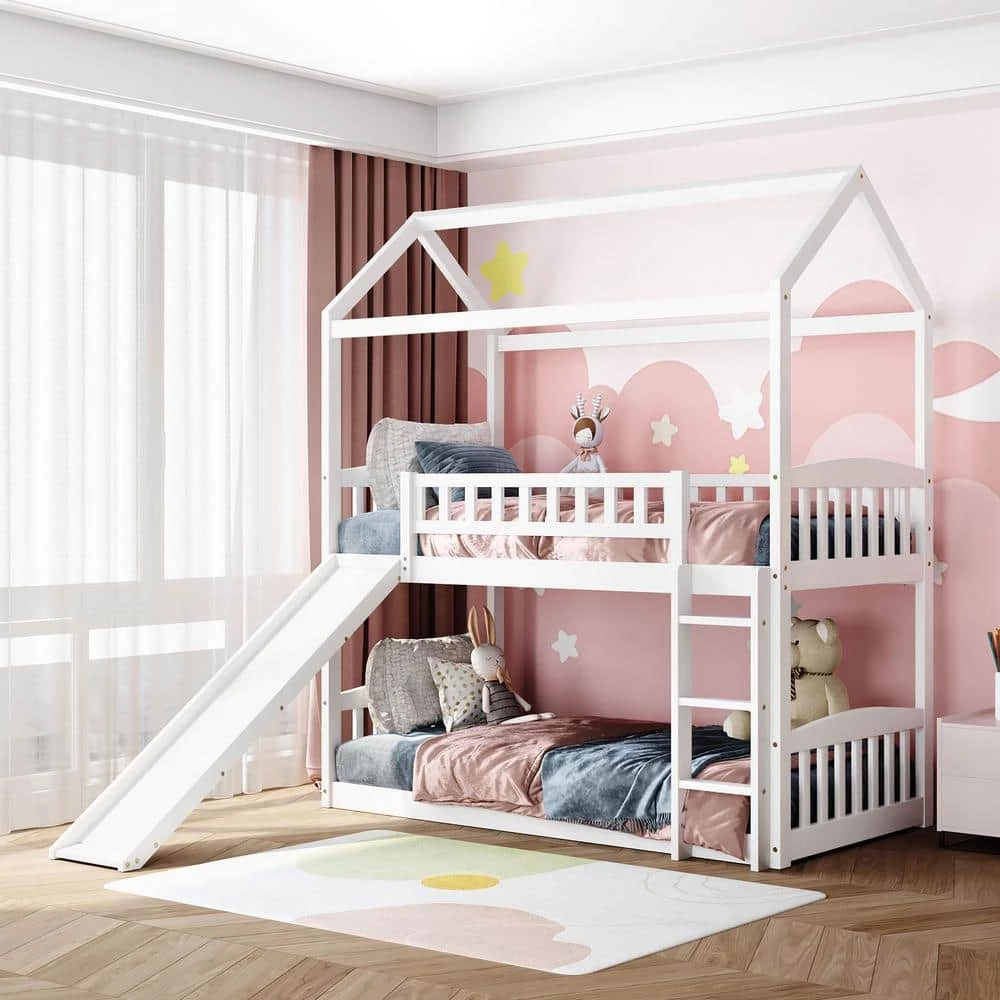 White Twin Over Twin Bunk Bed with Slide, House Bed with Slide by GODEER