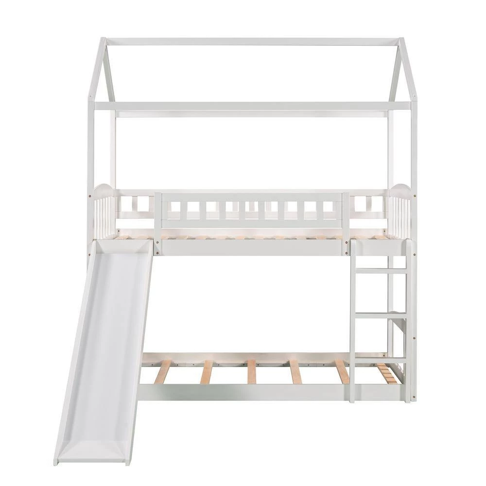 White Twin Over Twin Bunk Bed with Slide, House Bed with Slide by GODEER - Image 5