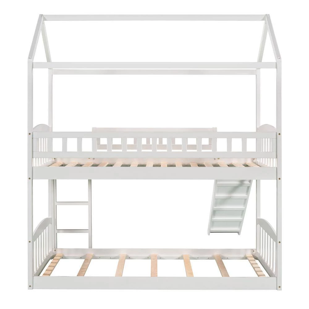 White Twin Over Twin Bunk Bed with Slide, House Bed with Slide by GODEER - Image 3