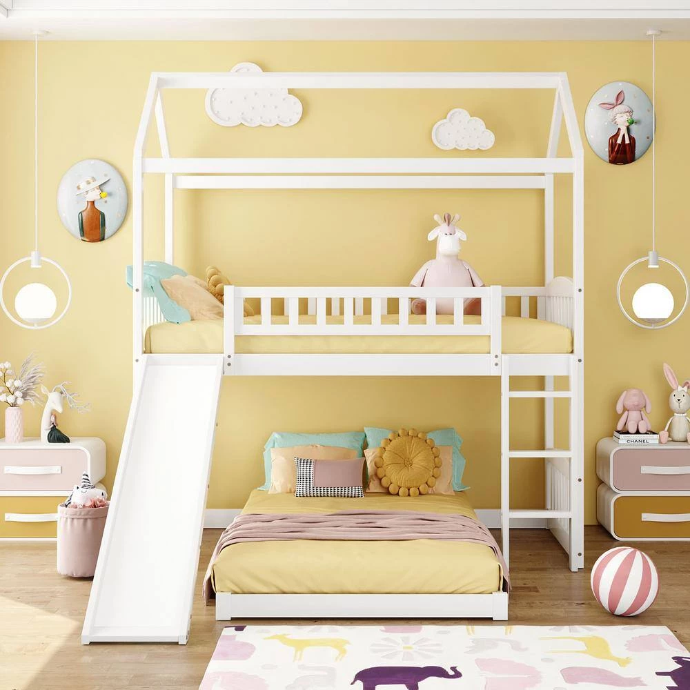 White Twin Over Twin Bunk Bed with Slide, House Bed with Slide by GODEER - Image 10