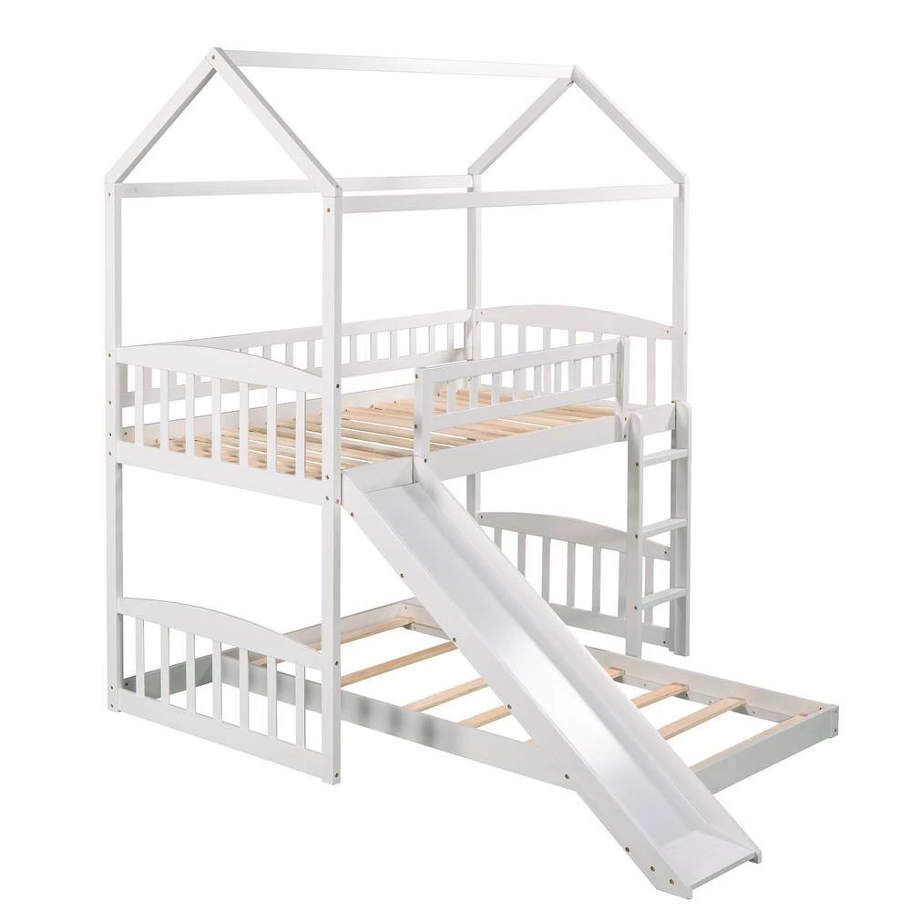 White Twin Over Twin Bunk Bed with Slide, House Bed with Slide by GODEER - Image 2