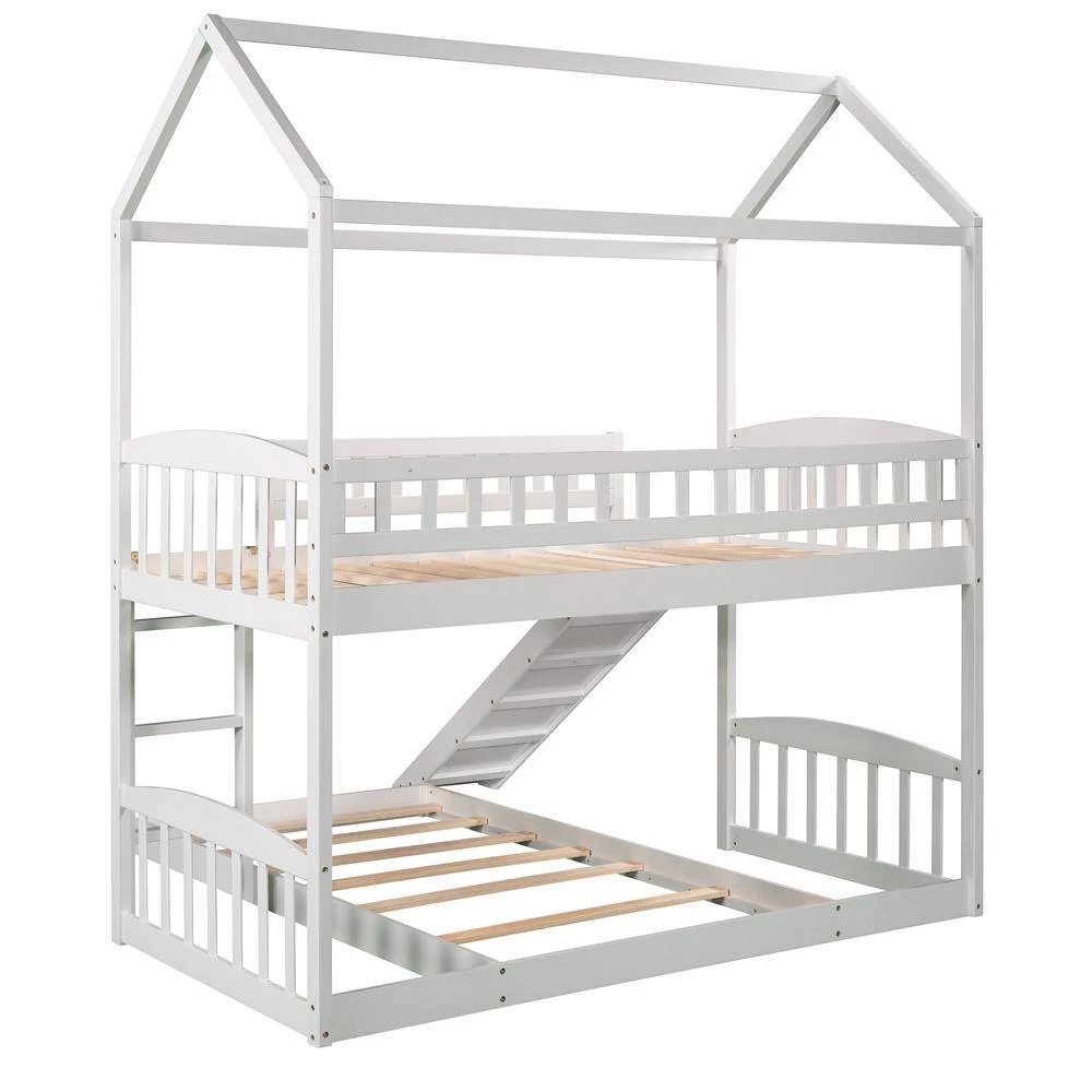 White Twin Over Twin Bunk Bed with Slide, House Bed with Slide by GODEER - Image 3