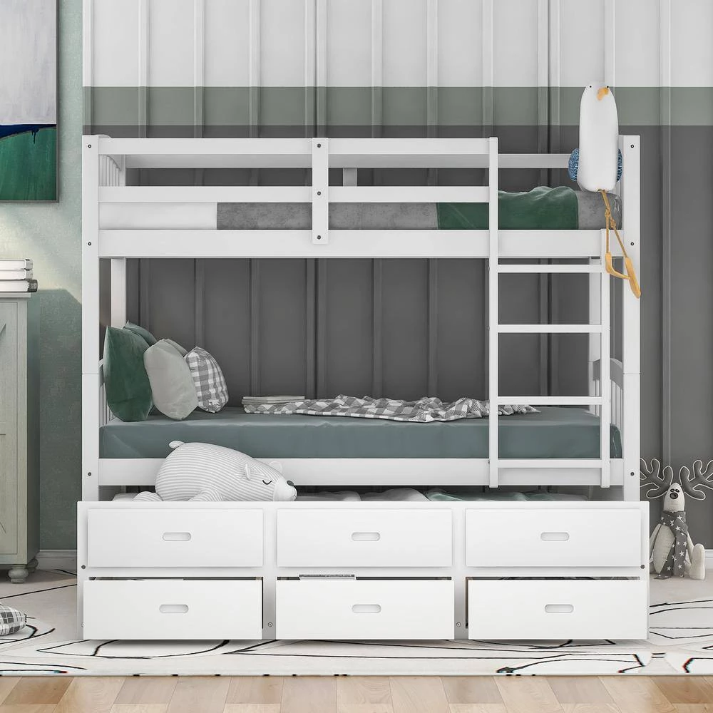White Twin over Twin Wood Bunk Bed with Trundle and Drawers by GODEER - Image 9