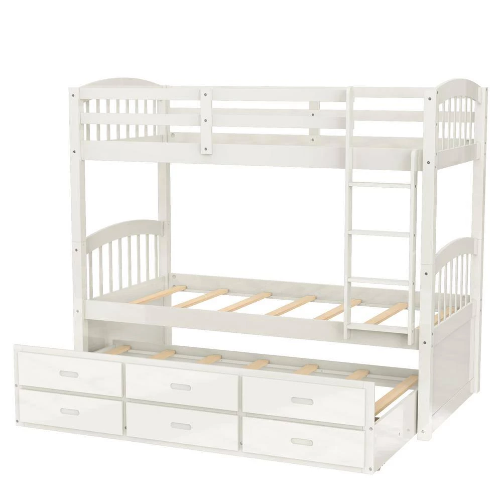 White Twin over Twin Wood Bunk Bed with Trundle and Drawers by GODEER - Image 3