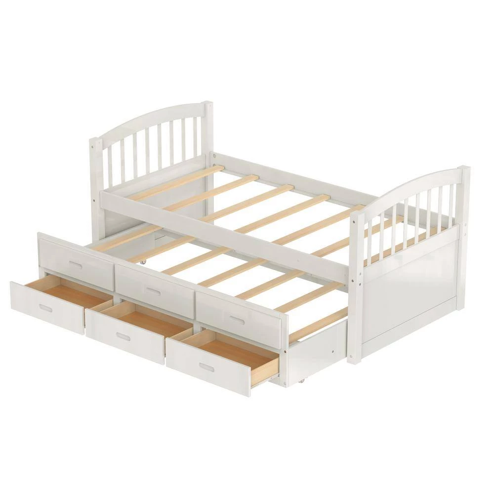 White Twin over Twin Wood Bunk Bed with Trundle and Drawers by GODEER - Image 8