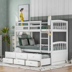 White Twin over Twin Wood Bunk Bed with Trundle and Drawers by GODEER