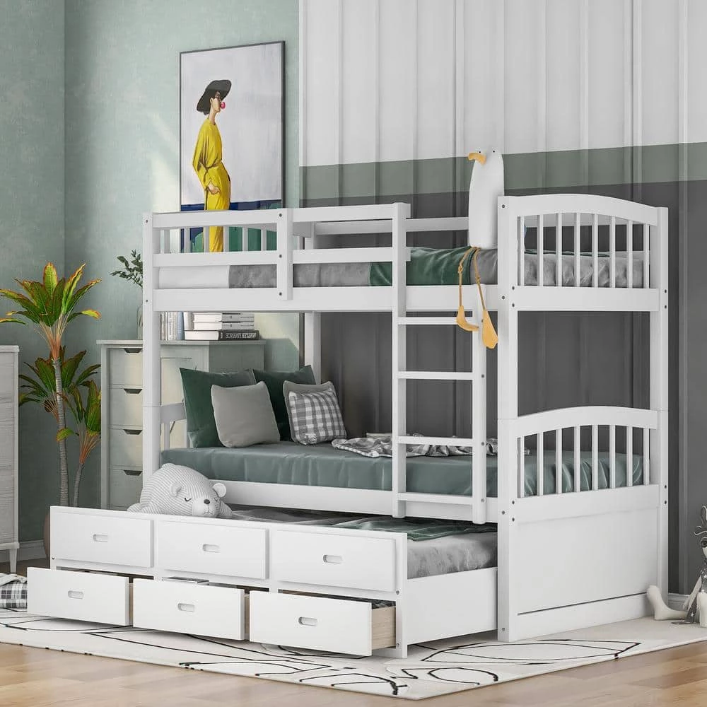 White Twin over Twin Wood Bunk Bed with Trundle and Drawers by GODEER