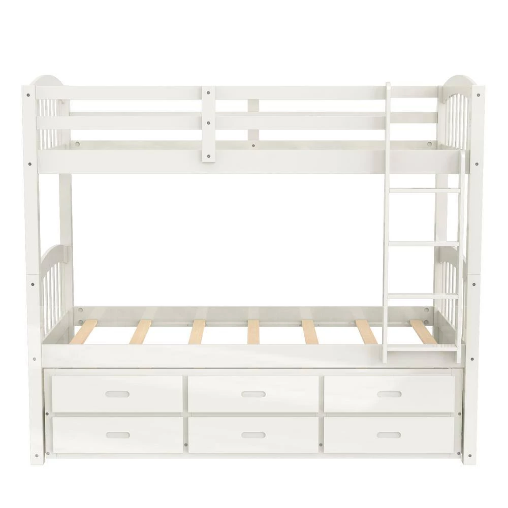 White Twin over Twin Wood Bunk Bed with Trundle and Drawers by GODEER - Image 6