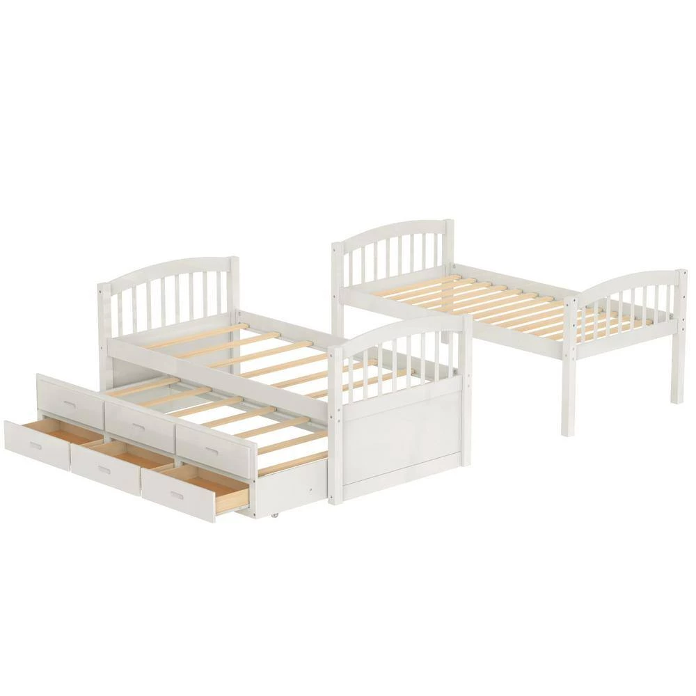 White Twin over Twin Wood Bunk Bed with Trundle and Drawers by GODEER - Image 4