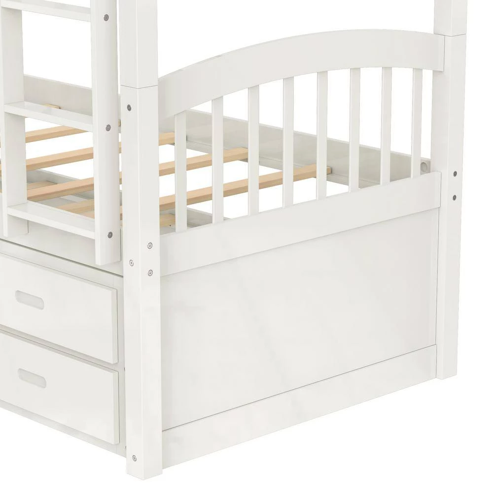 White Twin over Twin Wood Bunk Bed with Trundle and Drawers by GODEER - Image 7