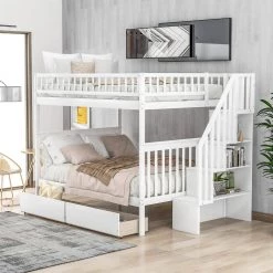 White Full Bunk Bed with 2-Drawers and Storage by GODEER