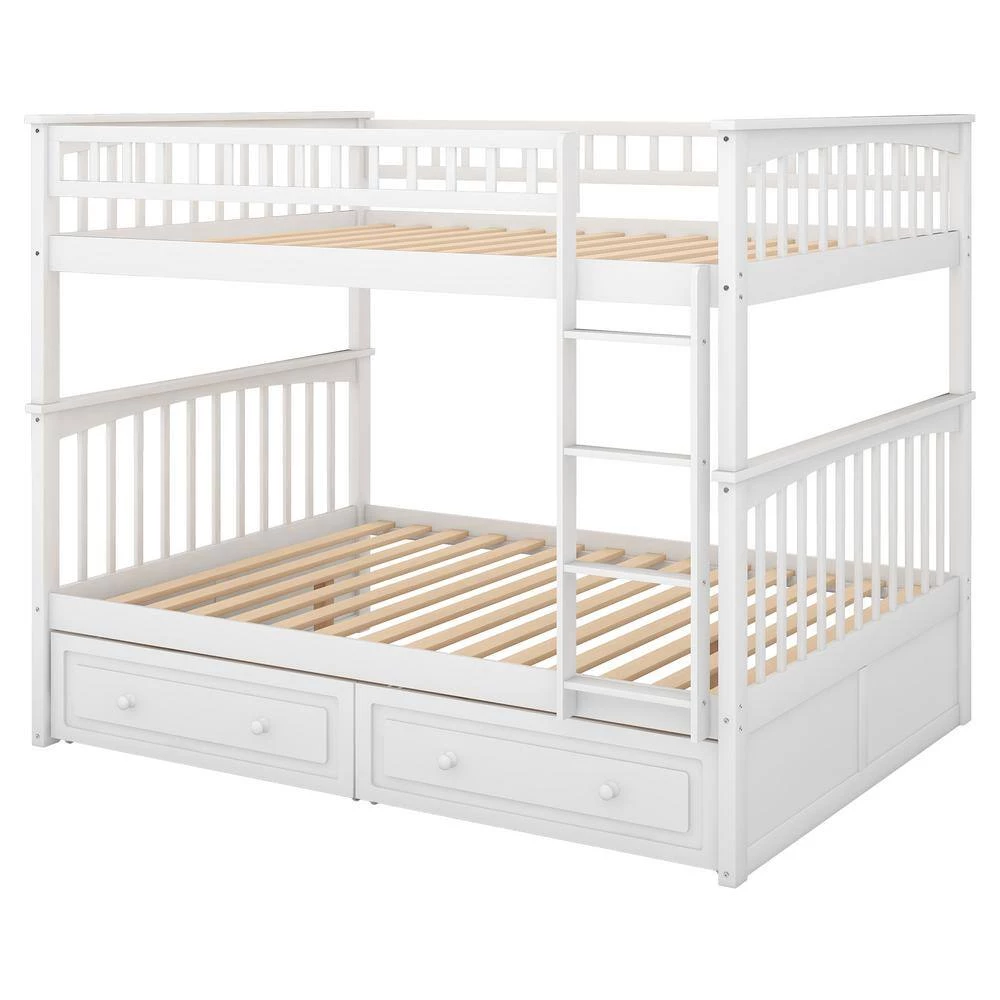 White Full over Full Bunk Bed with Drawers, Convertible Beds by GODEER - Image 3