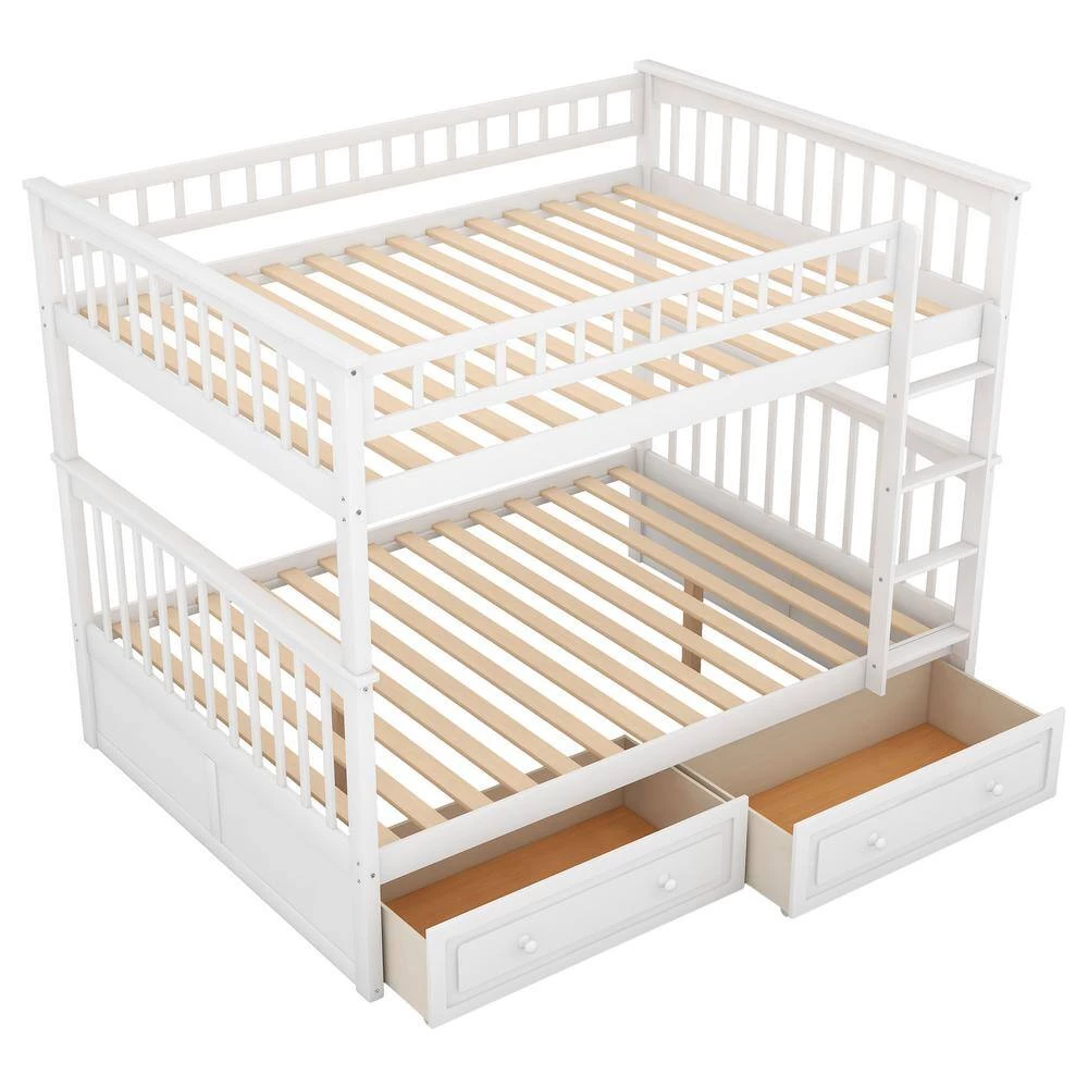 White Full over Full Bunk Bed with Drawers, Convertible Beds by GODEER - Image 4