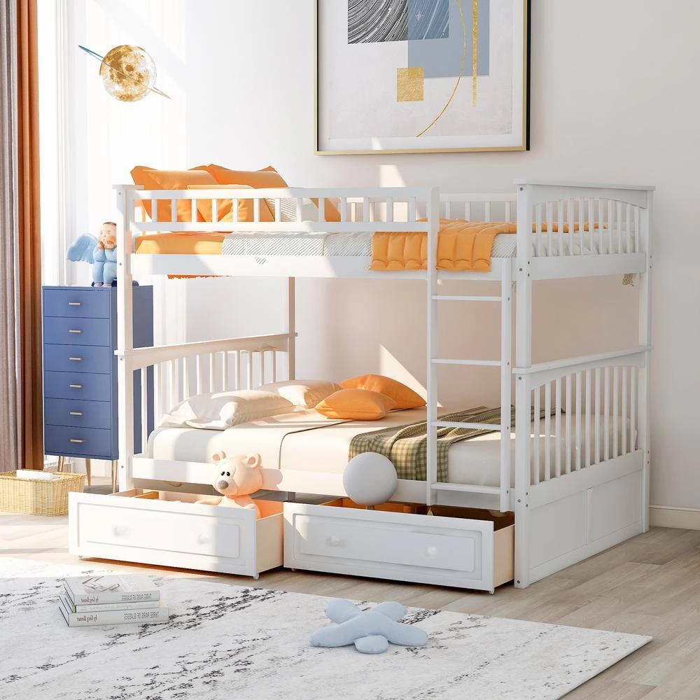 White Full over Full Bunk Bed with Drawers, Convertible Beds by GODEER - Image 2