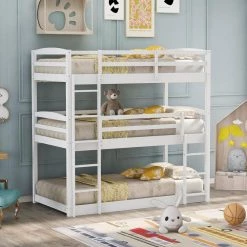 White Twin Over Twin Triple Bunk Bed by GODEER