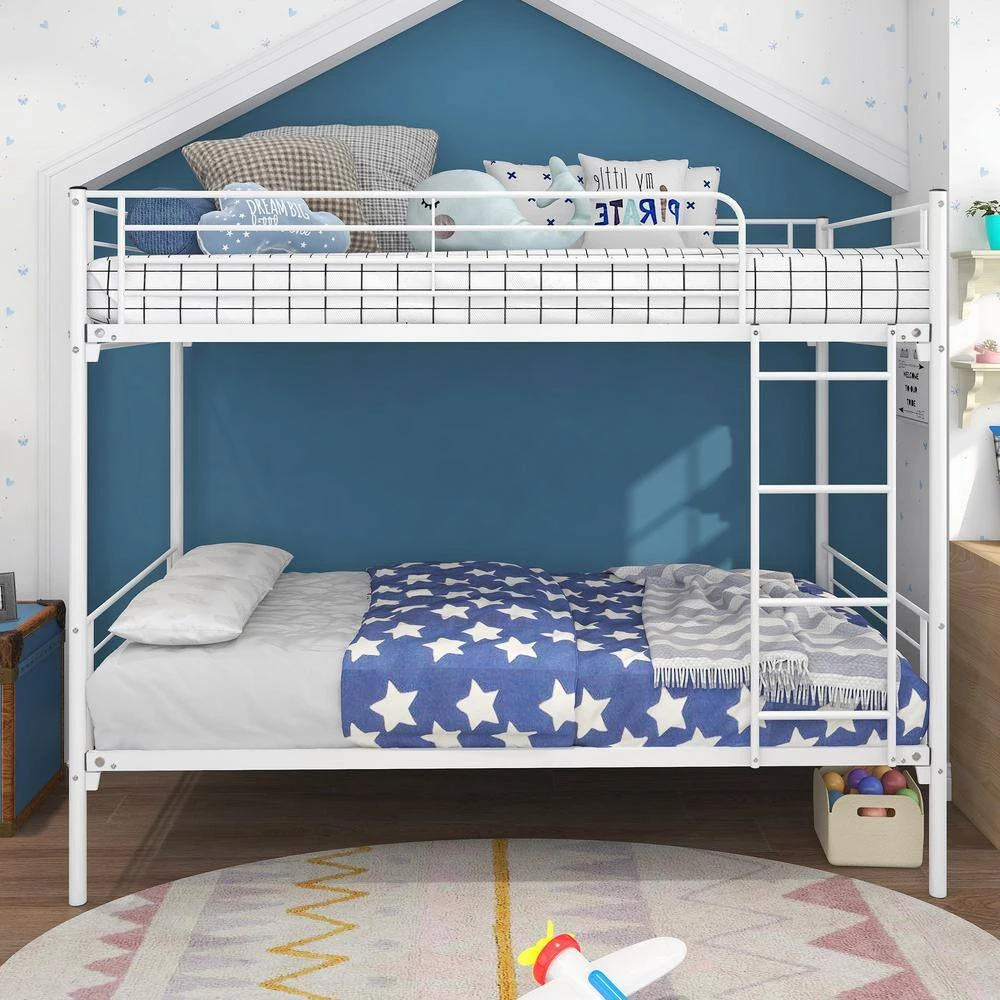 White Twin Bunk Bed with Metal Frame and Ladder, Space-Saving Design by GODEER - Image 6
