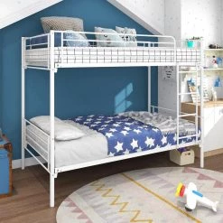 White Twin Bunk Bed with Metal Frame and Ladder, Space-Saving Design by GODEER
