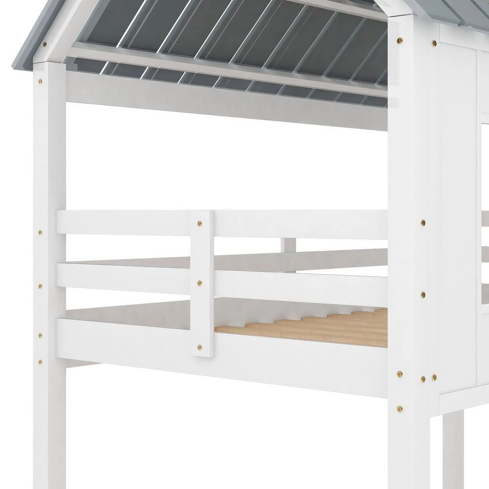 White Twin Size Low Bunk Beds with Roof and Fence-Shaped Guardrail by GODEER - Image 8
