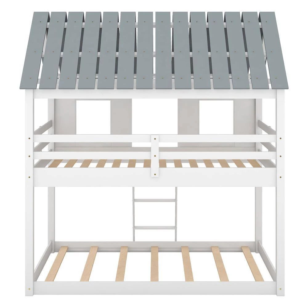 White Twin Size Low Bunk Beds with Roof and Fence-Shaped Guardrail by GODEER - Image 2