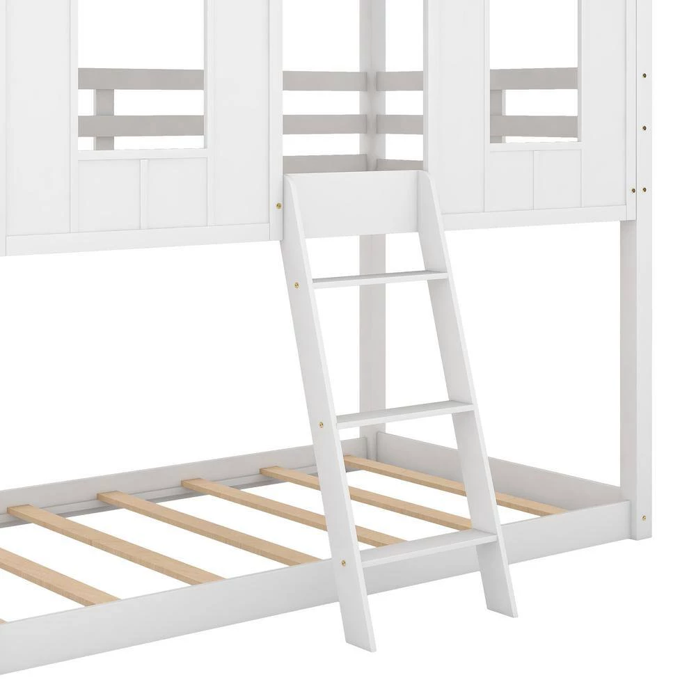 White Twin Size Low Bunk Beds with Roof and Fence-Shaped Guardrail by GODEER - Image 9