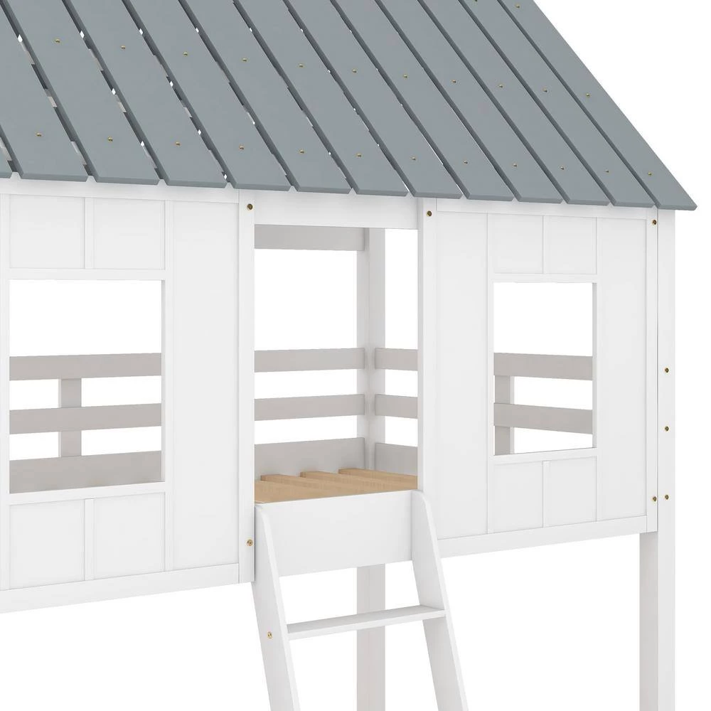 White Twin Size Low Bunk Beds with Roof and Fence-Shaped Guardrail by GODEER - Image 7