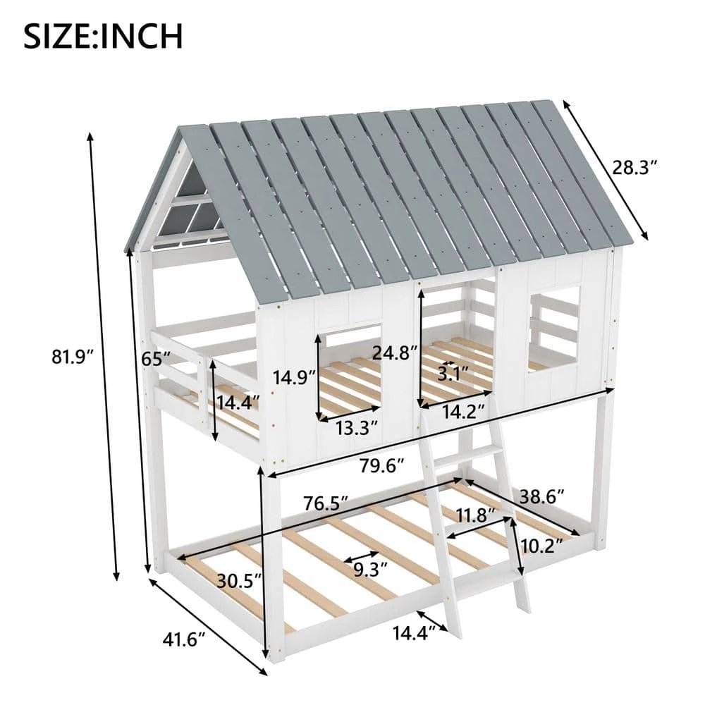 White Twin Size Low Bunk Beds with Roof and Fence-Shaped Guardrail by GODEER - Image 4